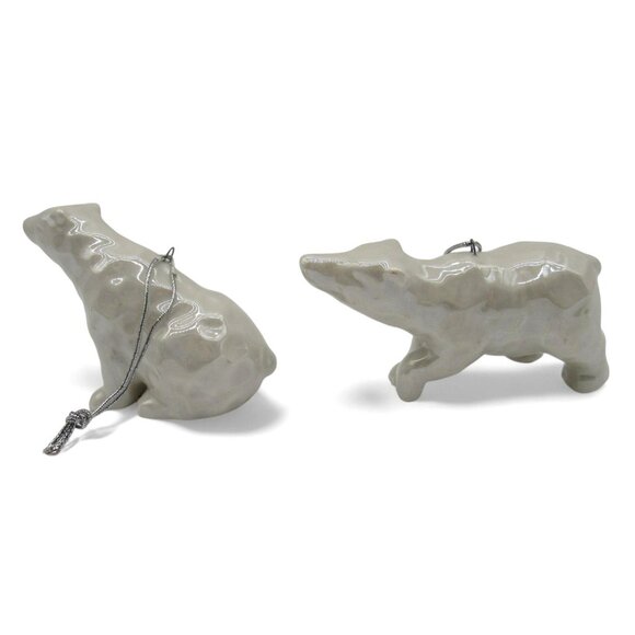 POLAR BEAR Ceramic Christmas Ornament Set Of 2 Pearlescent With Silver Strings - Picture 6 of 11